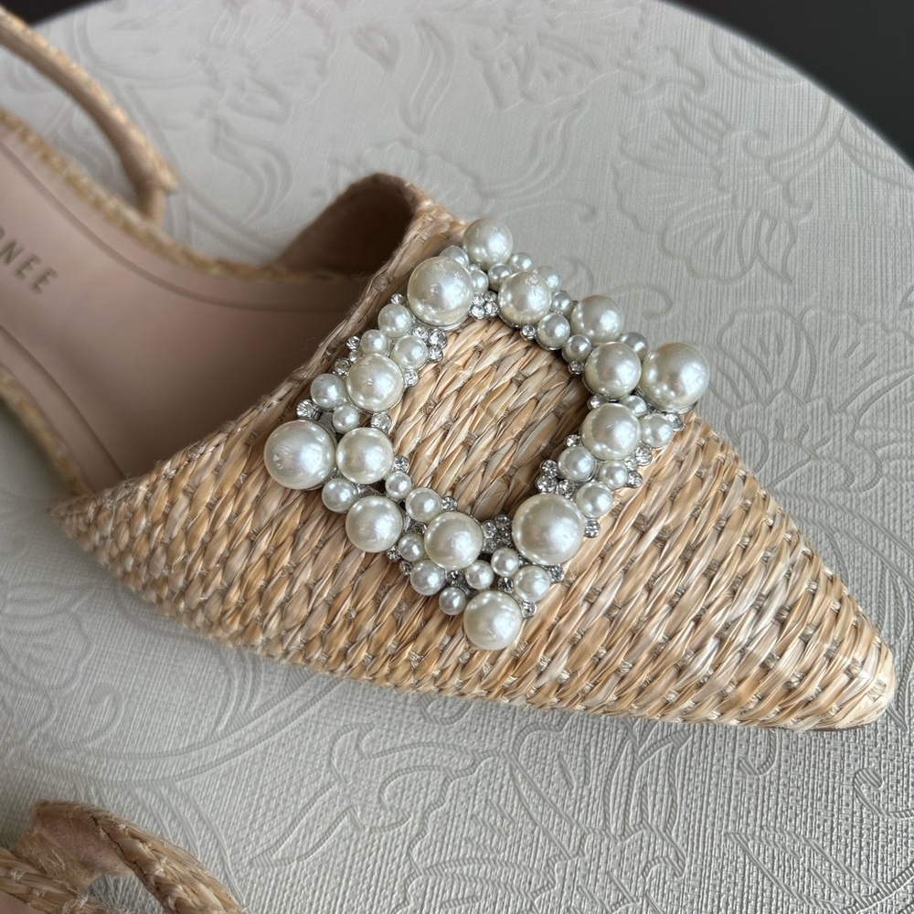 Journee Collection Beige Woven Slingback Flats with Pearl Buckles - Picture 5 of 6